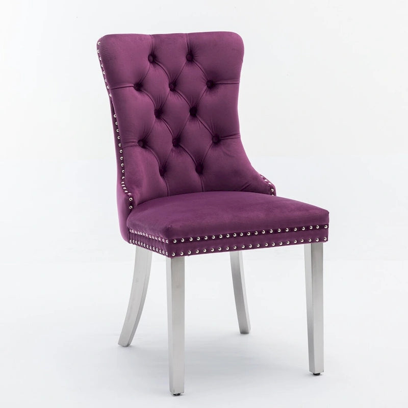 Chaise de salle à manger en velours avec clous décoratifs et pieds en acier inoxydable chromé