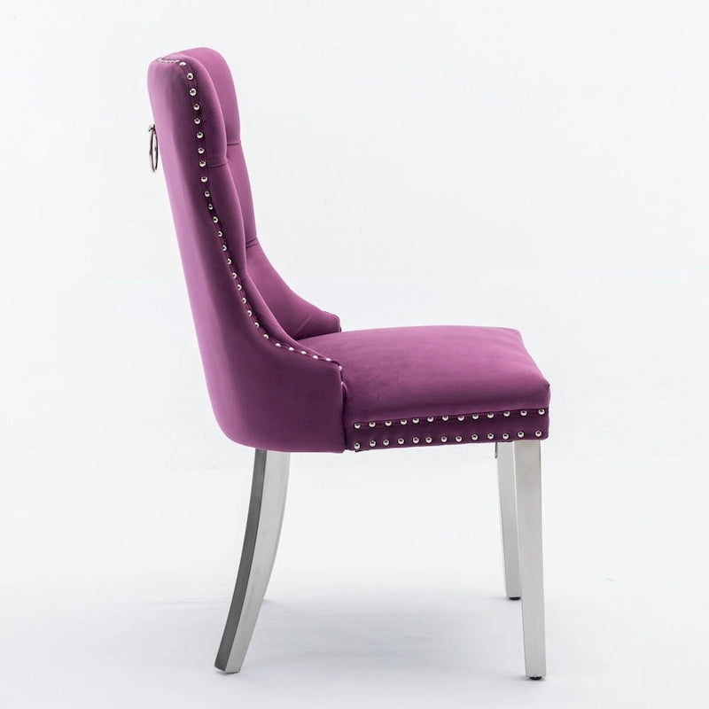 Chaise de salle à manger en velours avec clous décoratifs et pieds en acier inoxydable chromé