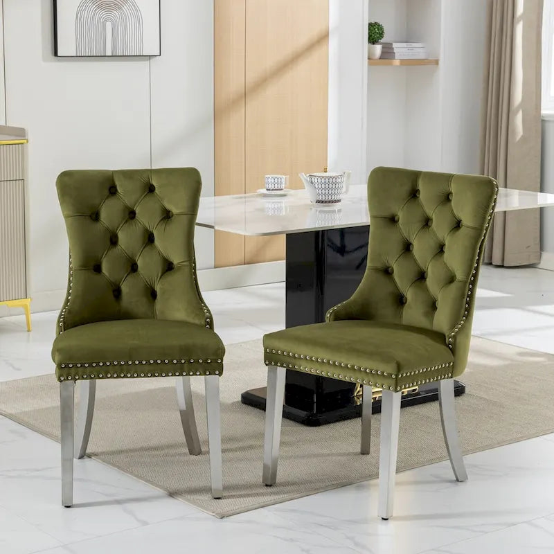 Chaise de salle à manger en velours avec clous décoratifs et pieds en acier inoxydable chromé