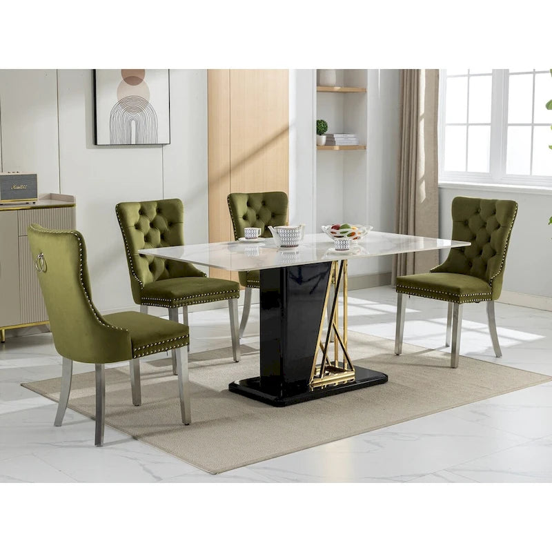 Chaise de salle à manger en velours avec clous décoratifs et pieds en acier inoxydable chromé