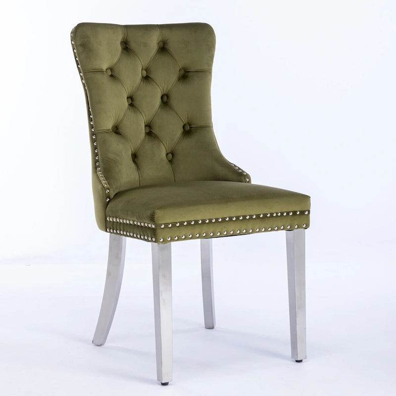 Chaise de salle à manger en velours avec clous décoratifs et pieds en acier inoxydable chromé