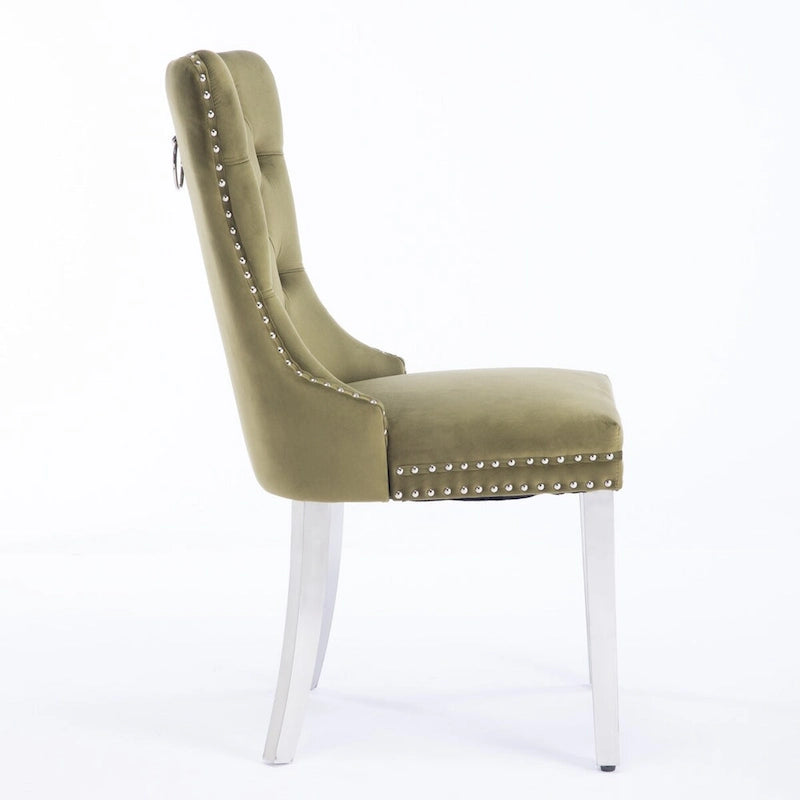Chaise de salle à manger en velours avec clous décoratifs et pieds en acier inoxydable chromé