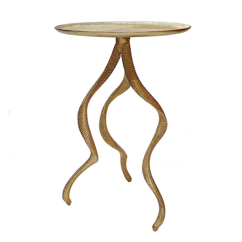 Table d'appoint de 61 cm, piètement en forme de bois de cerf, plateau nervuré, aluminium, doré