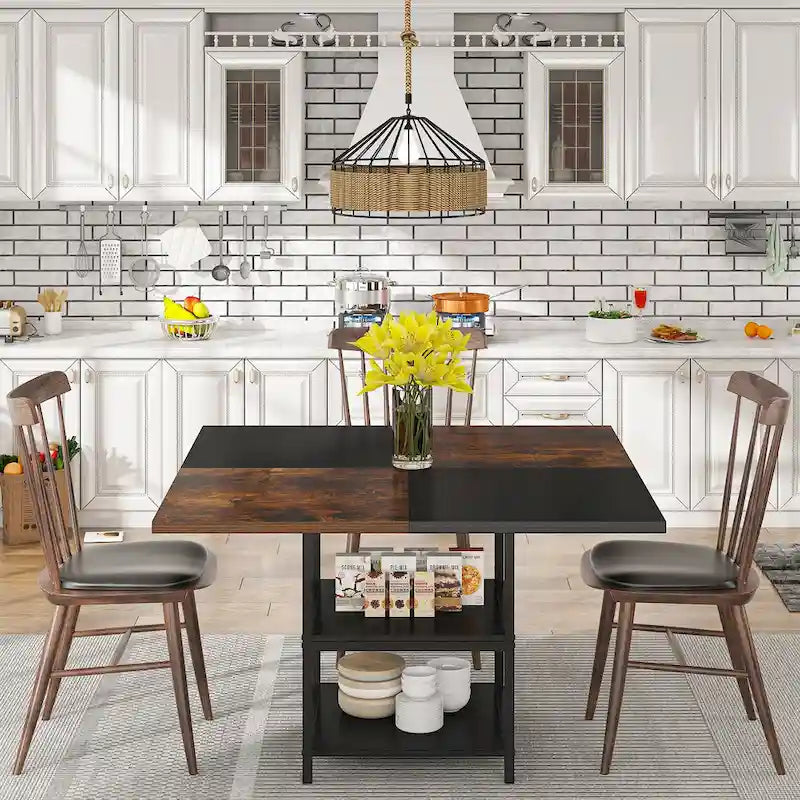 Table de salle à manger ronde de 47 pouces pour 4 personnes, tables de cuisine avec étagères de rangement à 2 niveaux