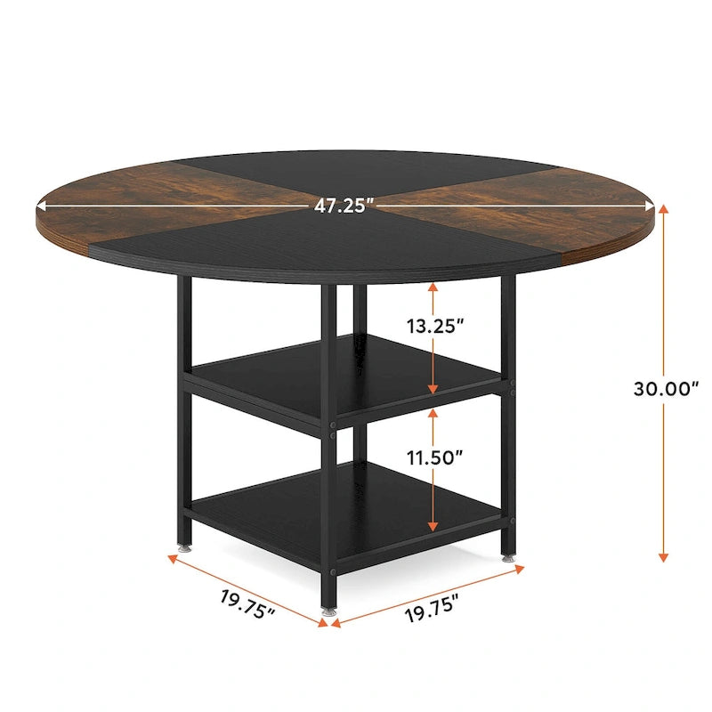 Table de salle à manger ronde de 47 pouces pour 4 personnes, tables de cuisine avec étagères de rangement à 2 niveaux