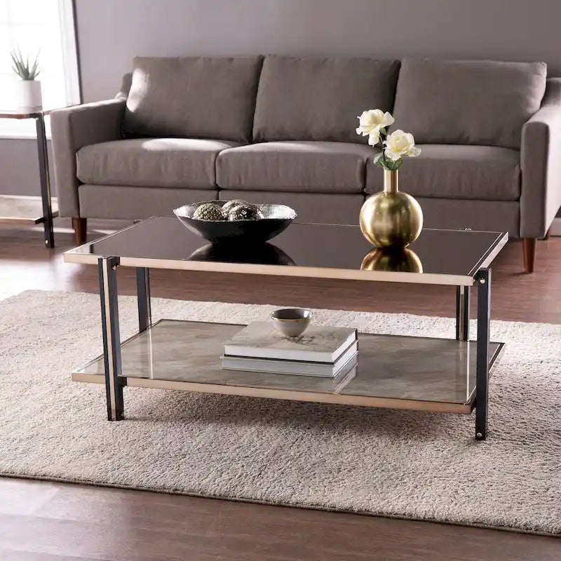 Table basse avec cadre couleur champagne et plateau miroir fumé, pour salon, chambre