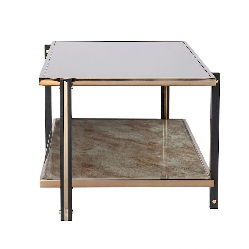 Table basse avec cadre couleur champagne et plateau miroir fumé, pour salon, chambre