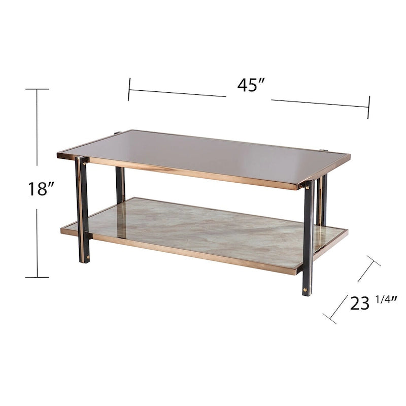 Table basse avec cadre couleur champagne et plateau miroir fumé, pour salon, chambre